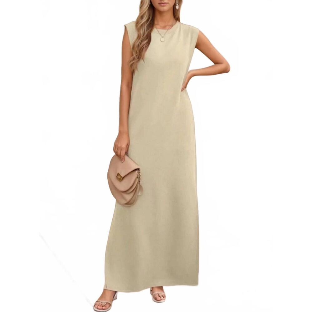 NEW TRENDSI slit round neck sleeveless maxi tank dress in khaki